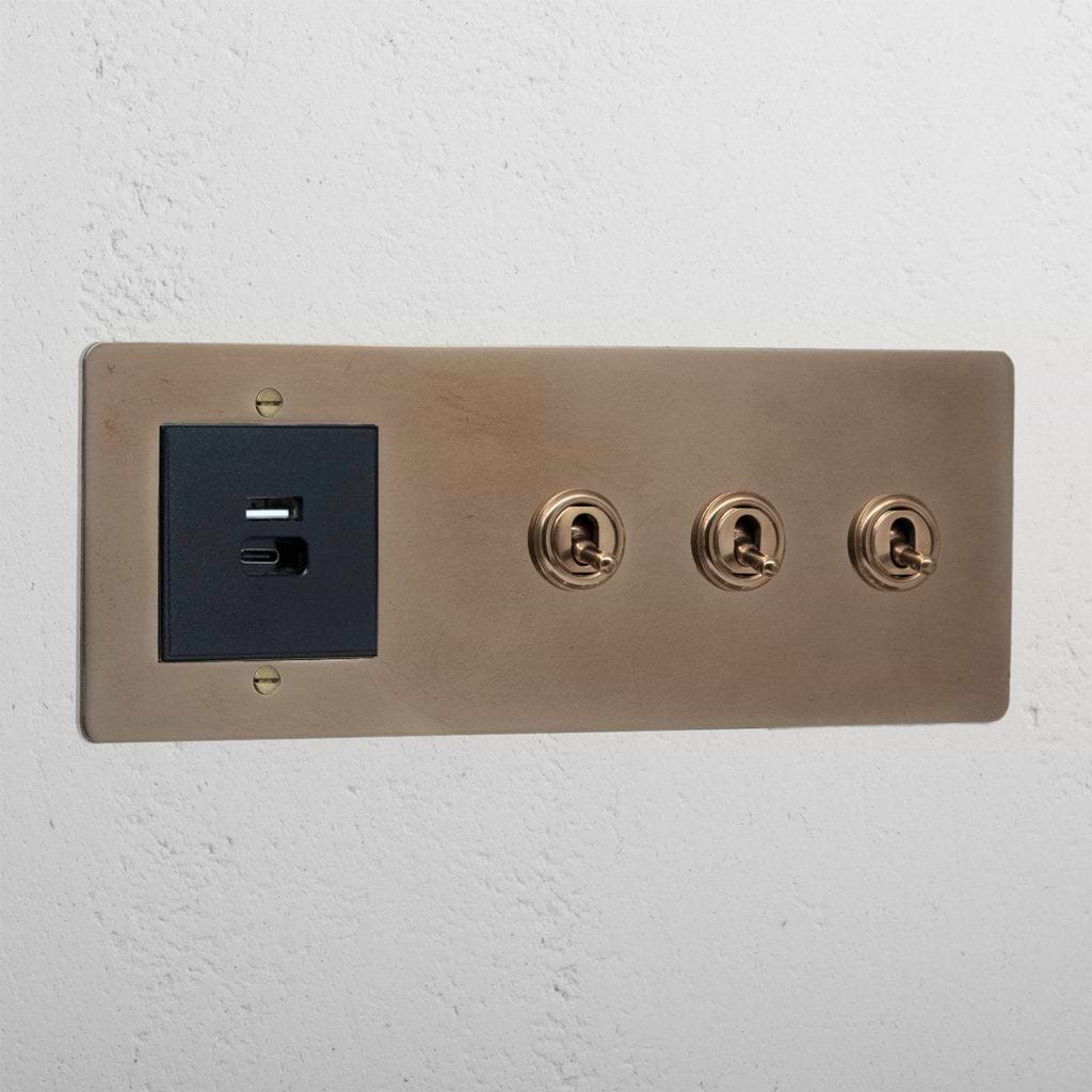 3G Toggle Switch + USB A+C Fast Charge - Antique Brass Black