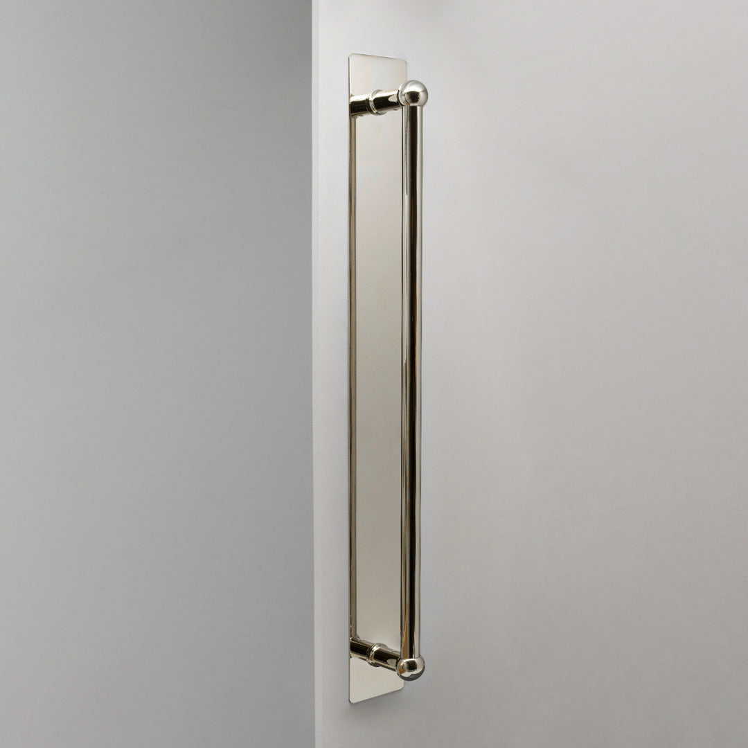 Polished Nickel Harper Single Pull Handle With Plate 500mm On White Background