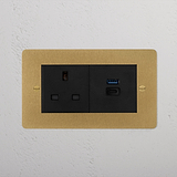 13A socket + USB A+C fast charge outlet, antique brass black finish, for 2G sockets & modules.