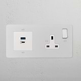 Paintable White 2G socket module with single socket and USB-A/C fast charging ports on a textured surface.