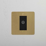 Antique Brass Black TV outlet socket, wall-mounted with gold and black coaxial connection, for 1G sockets & modules.