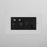 TV Aerial + HDMI + CAT6 2G Socket in paintable black finish on a white background.