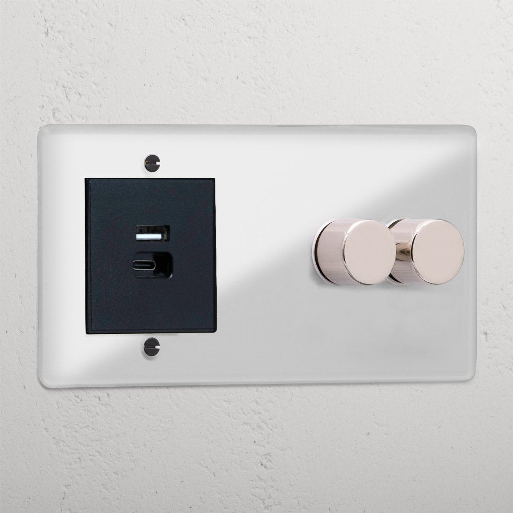 2G dimmer switch with USB A+C fast charge in clear polished nickel black, featuring round silver controls.