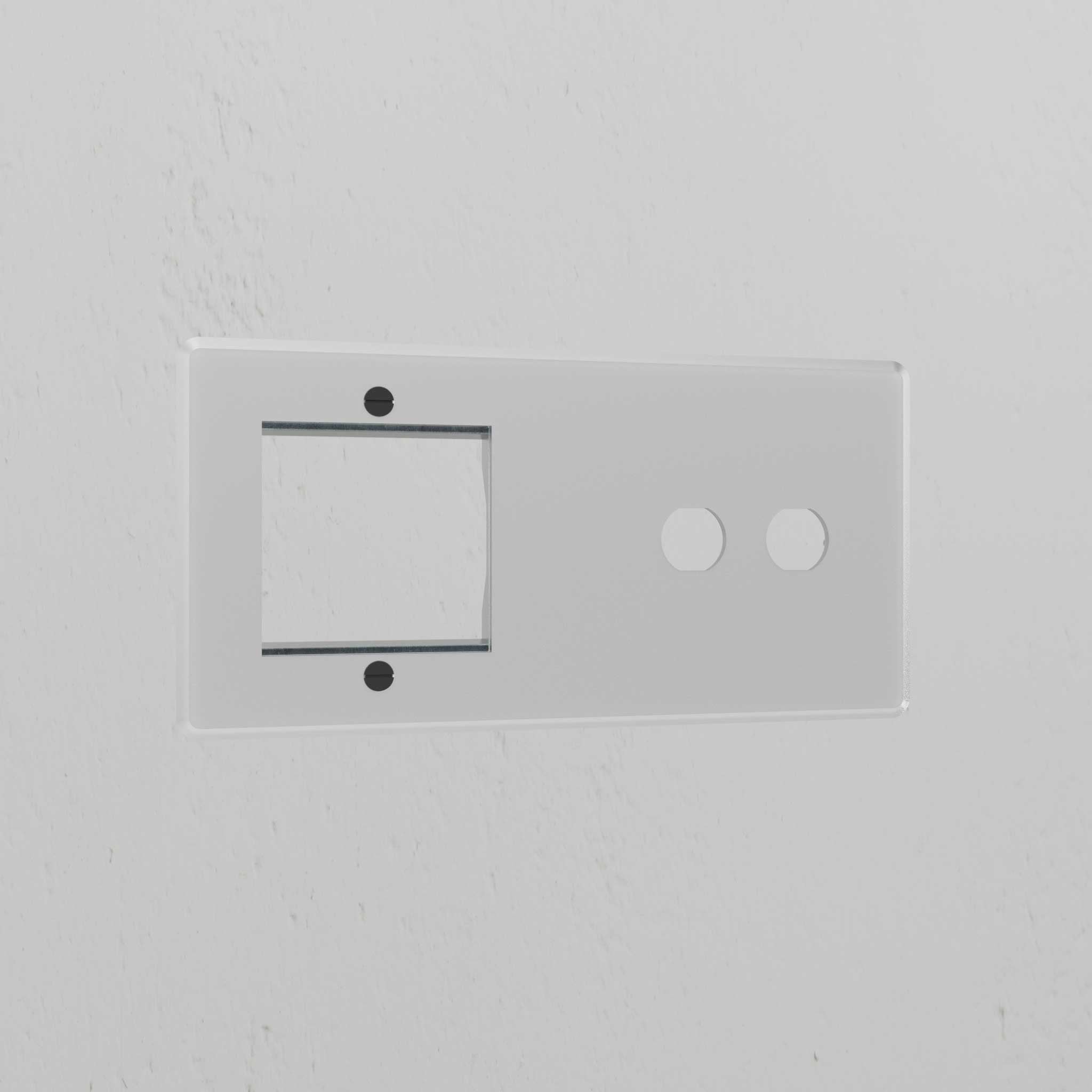 Clear black switch plate with dual circular openings for 1G 50mm module, suitable for clear module plates.