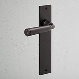 Digby Long Plate Sprung Door Handle in bronze on a rectangular backplate against a light-colored wall.
