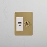 Antique Brass White Slimline Switch with 1G Two Way Toggle and USB A+C ports on a sleek white plate.