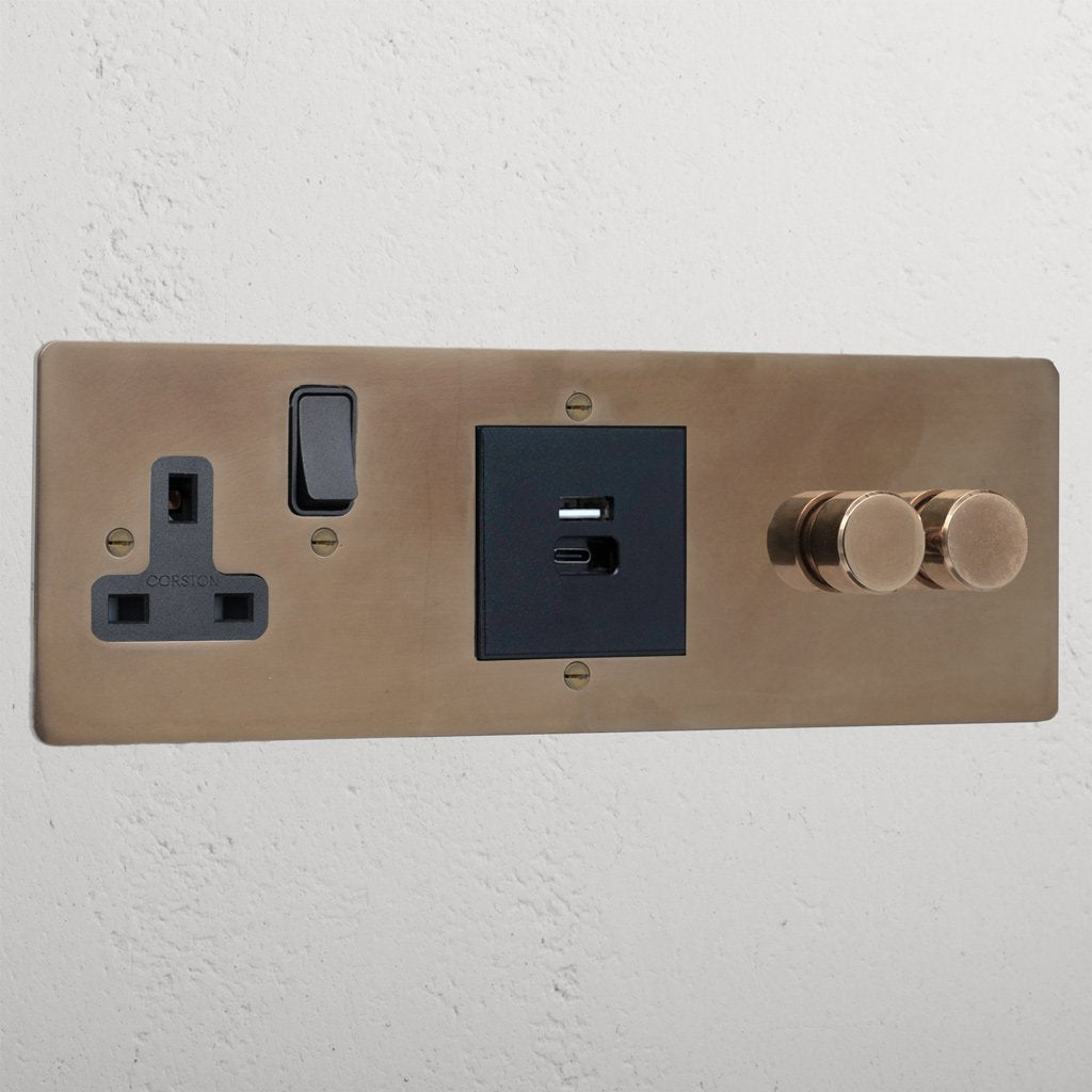 2G Dimmer + USB A+C Fast Charge + Single Socket - Antique Brass Black