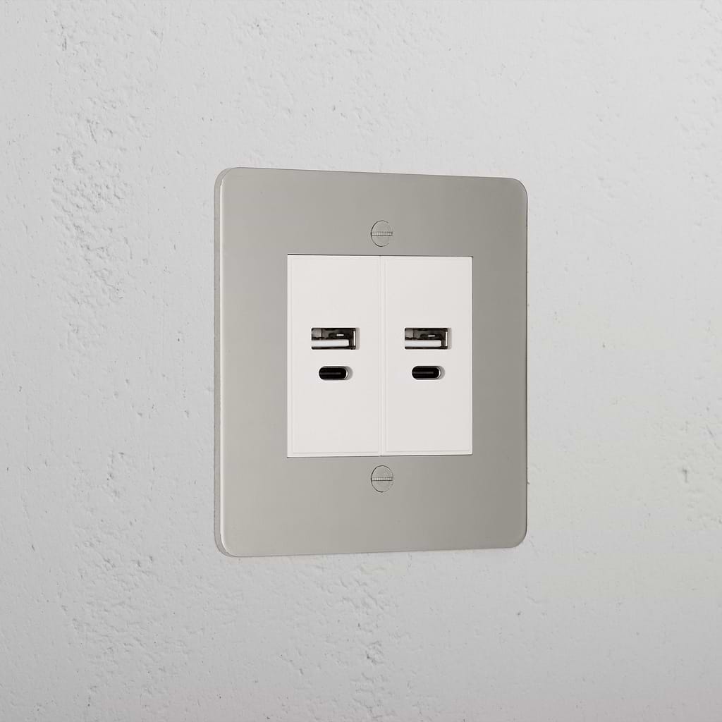 Designer Polished Nickel 2x Usb A+C Socket White