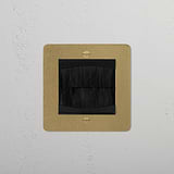 Antique brass single brush plate with black bristles, designed for 1G sockets and modules.