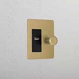 Designer Antique Brass Slimline 1 Gang 2 Way Dimmer And Usb A+C Fast Charge Switch Black