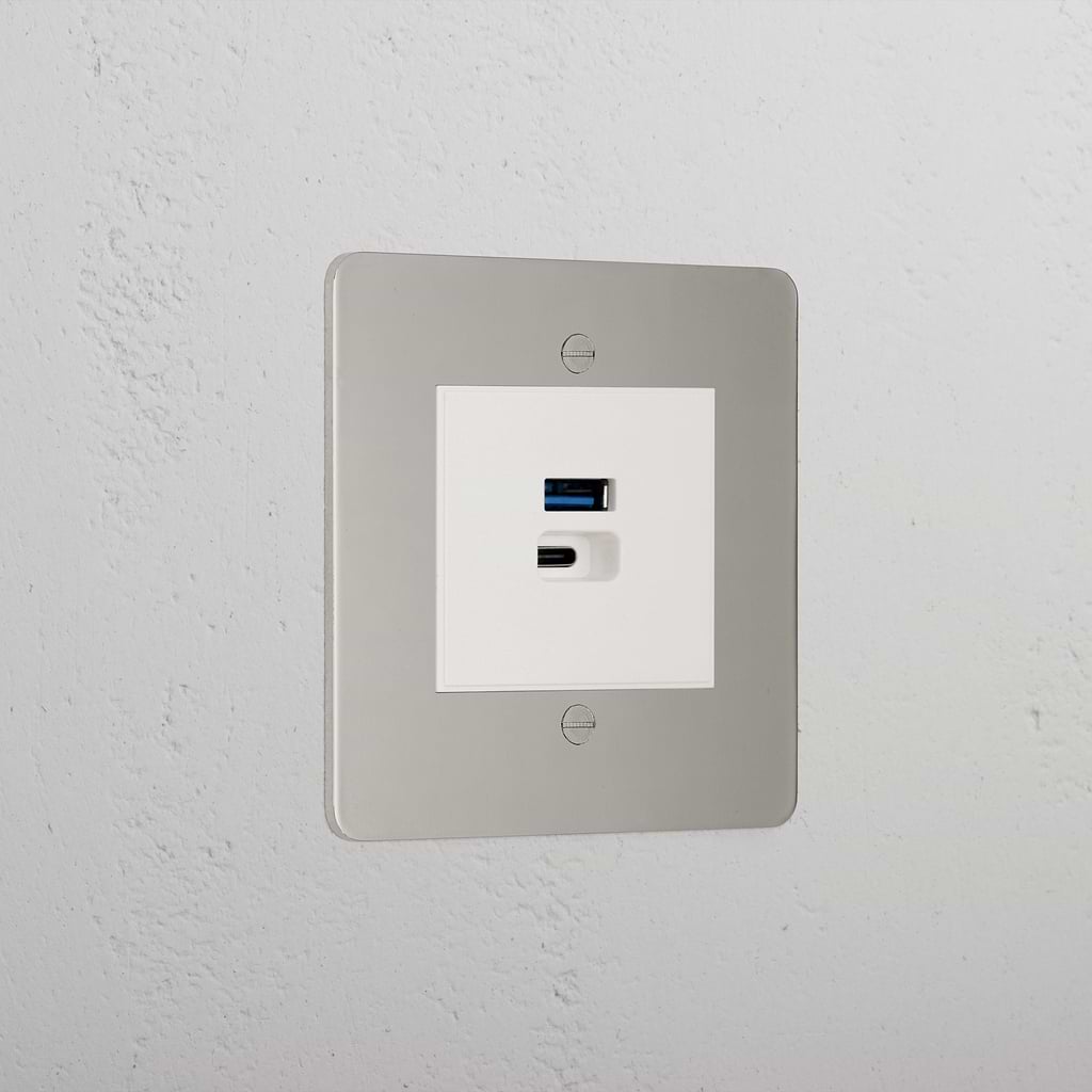 Luxury Polished Nickel Usb A+C Socket Fast Charge White