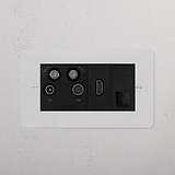 TV Aerial + HDMI + CAT6 2G Socket in paintable black finish on a white background.