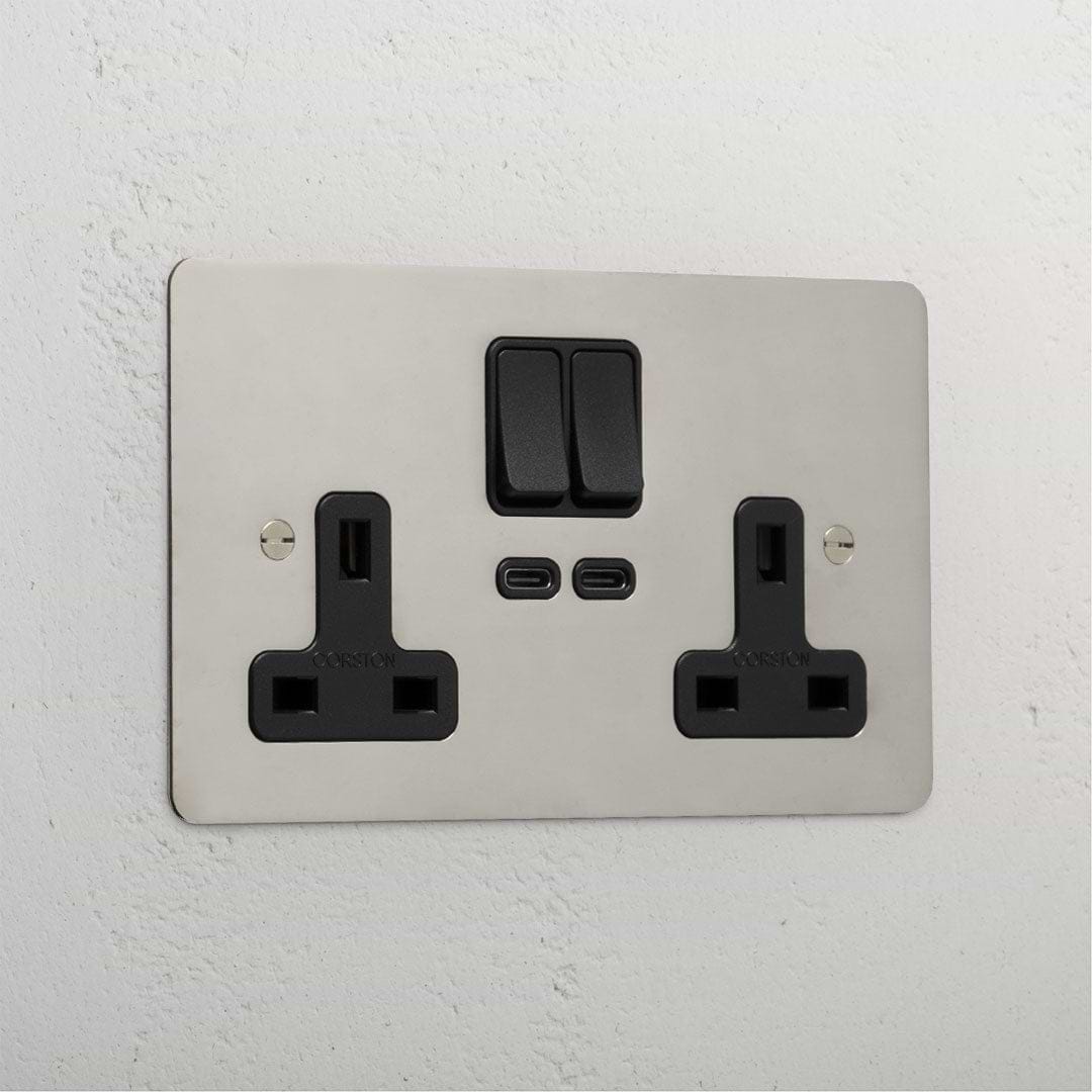 2 Gang Socket and USB A+C w/ Black Insert – Polished Nickel – Corston