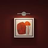 Abstract red/orange shapes on white, dark red wall, lit by Taylor Picture Light 220mm in polished nickel.