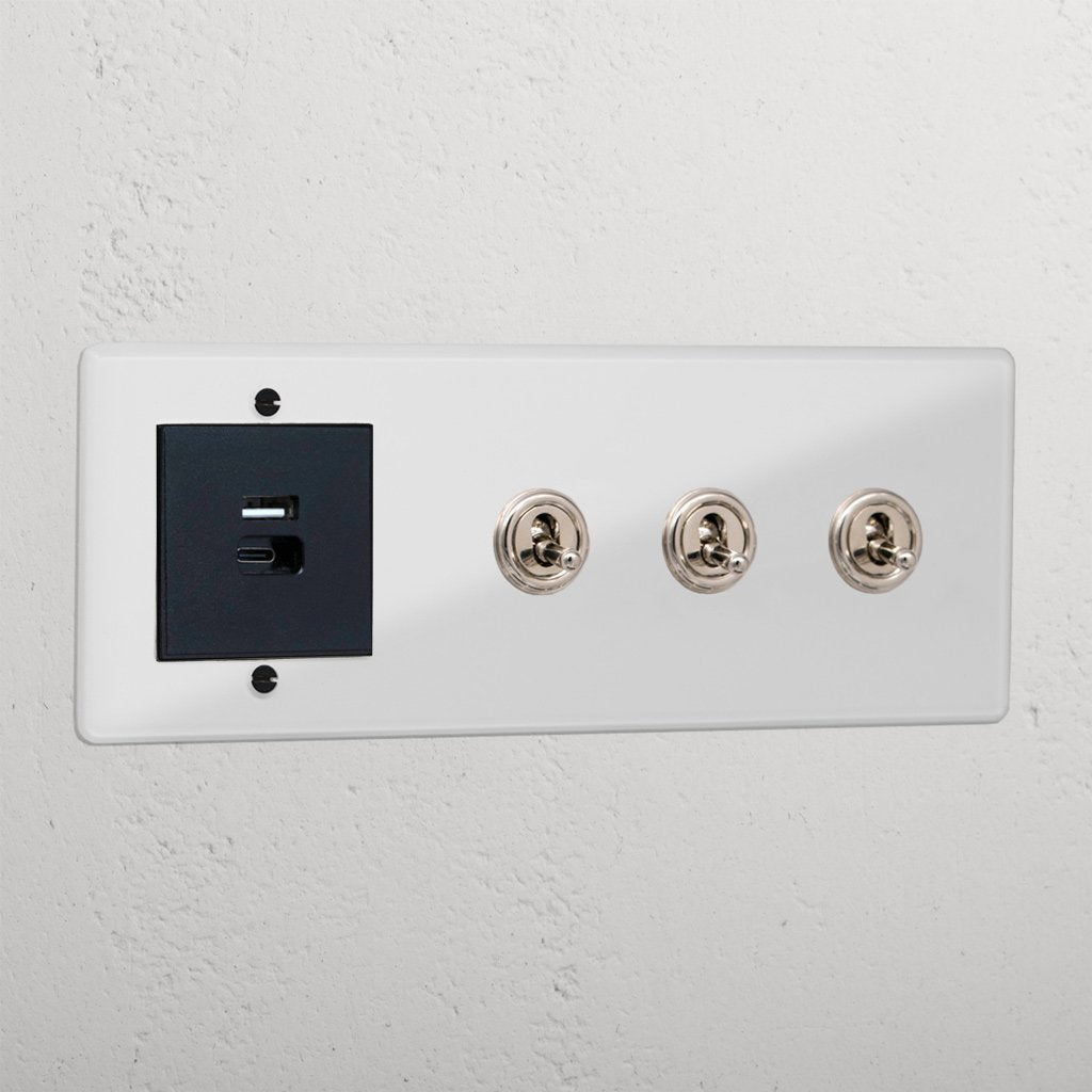 3G Toggle Switch with USB A+C Fast Charge ports, Clear Polished Nickel Black finish, modern design.