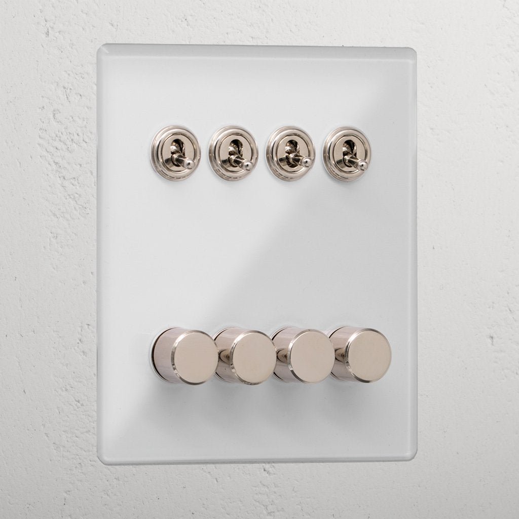 Premium Clear Polished Nickel 8 Gang Mixed Light Switch