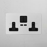 Paintable black 2G socket with double sockets & USB-C fast charge ports, providing dual plug points and quick charging.