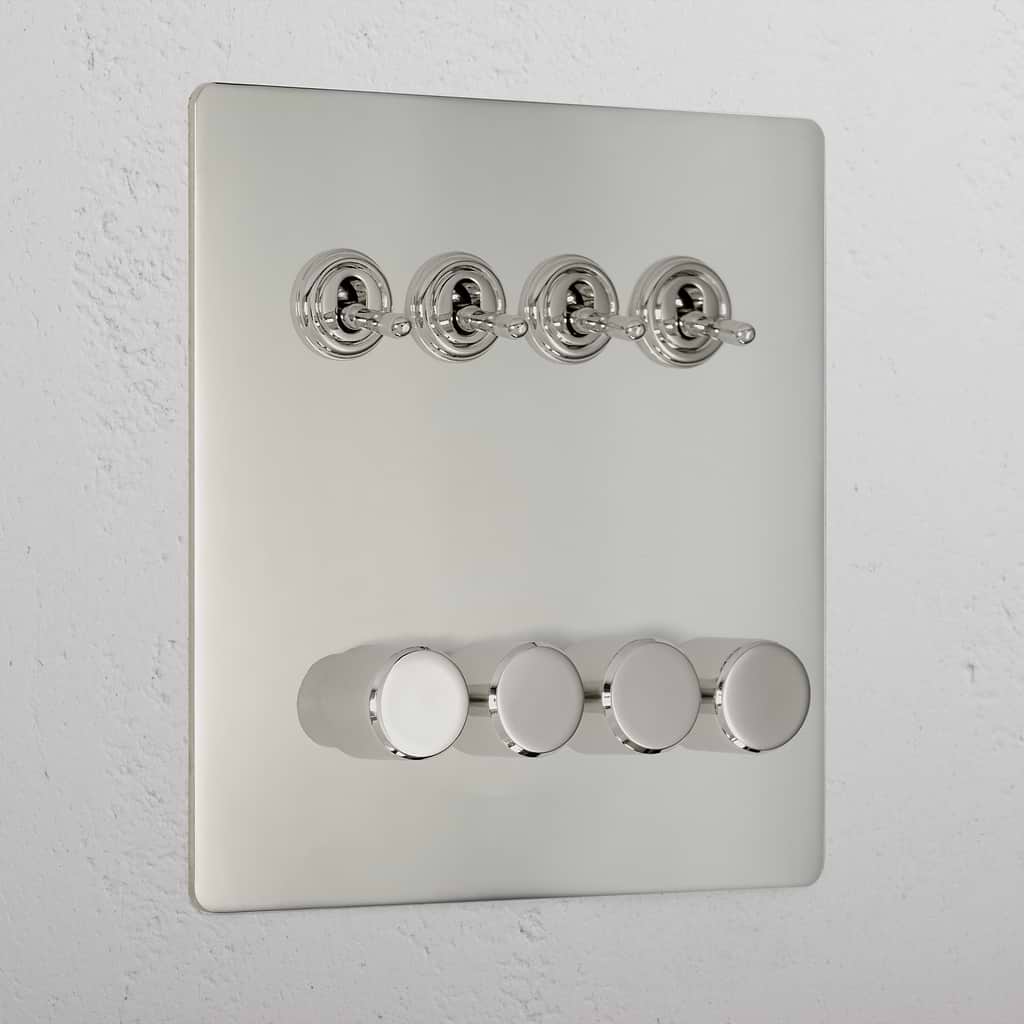 Designer Polished Nickel 8 Gang Mixed Light Switch