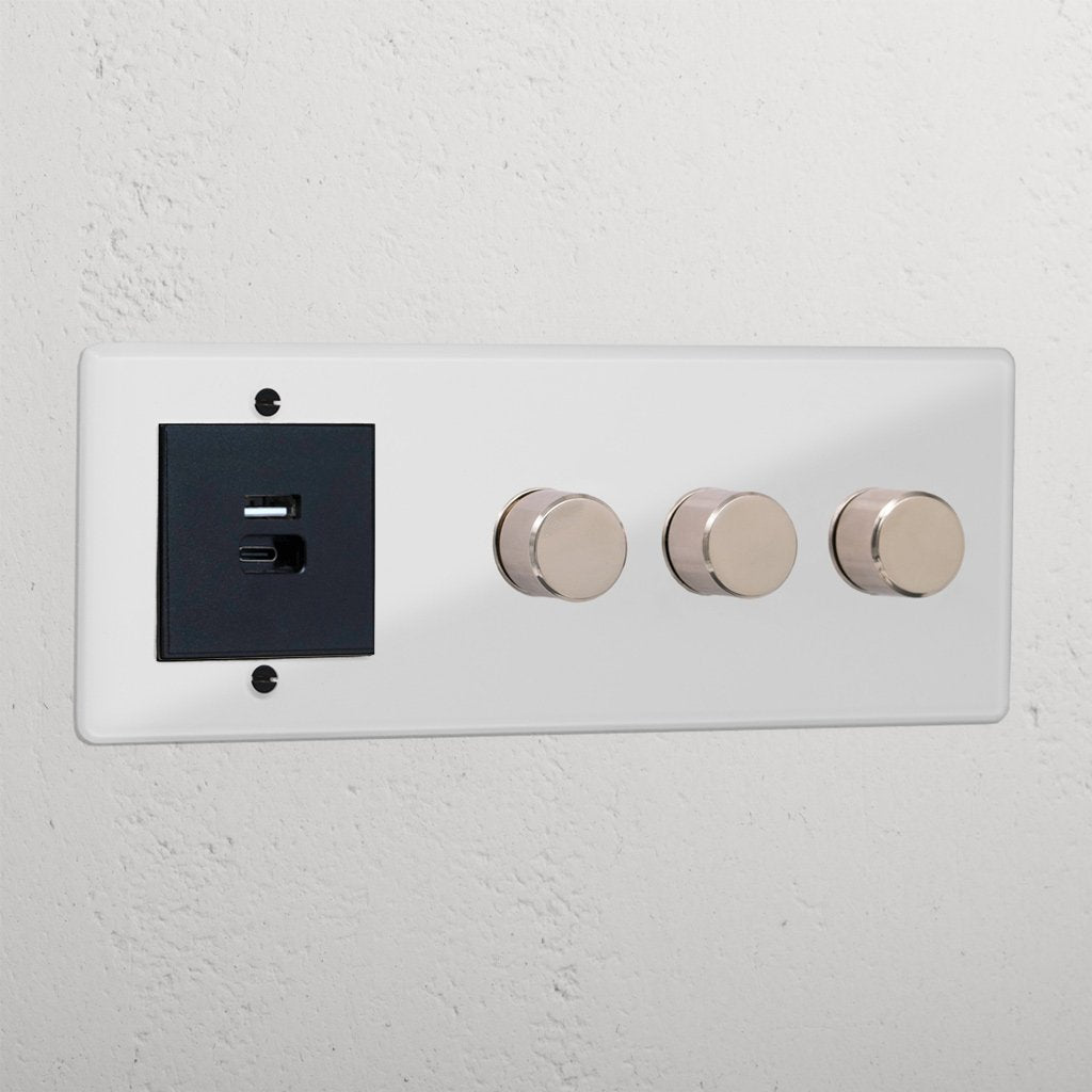 Clear Polished Nickel Black dimmer switch panel with 3 knobs and dual USB A+C fast charge outlet.