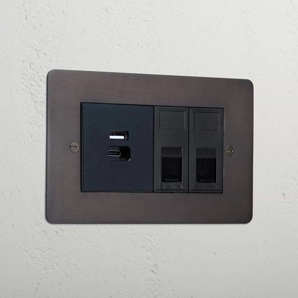 Bronze Modern Cat6 And Usb A+C Fast Charge Socket Black