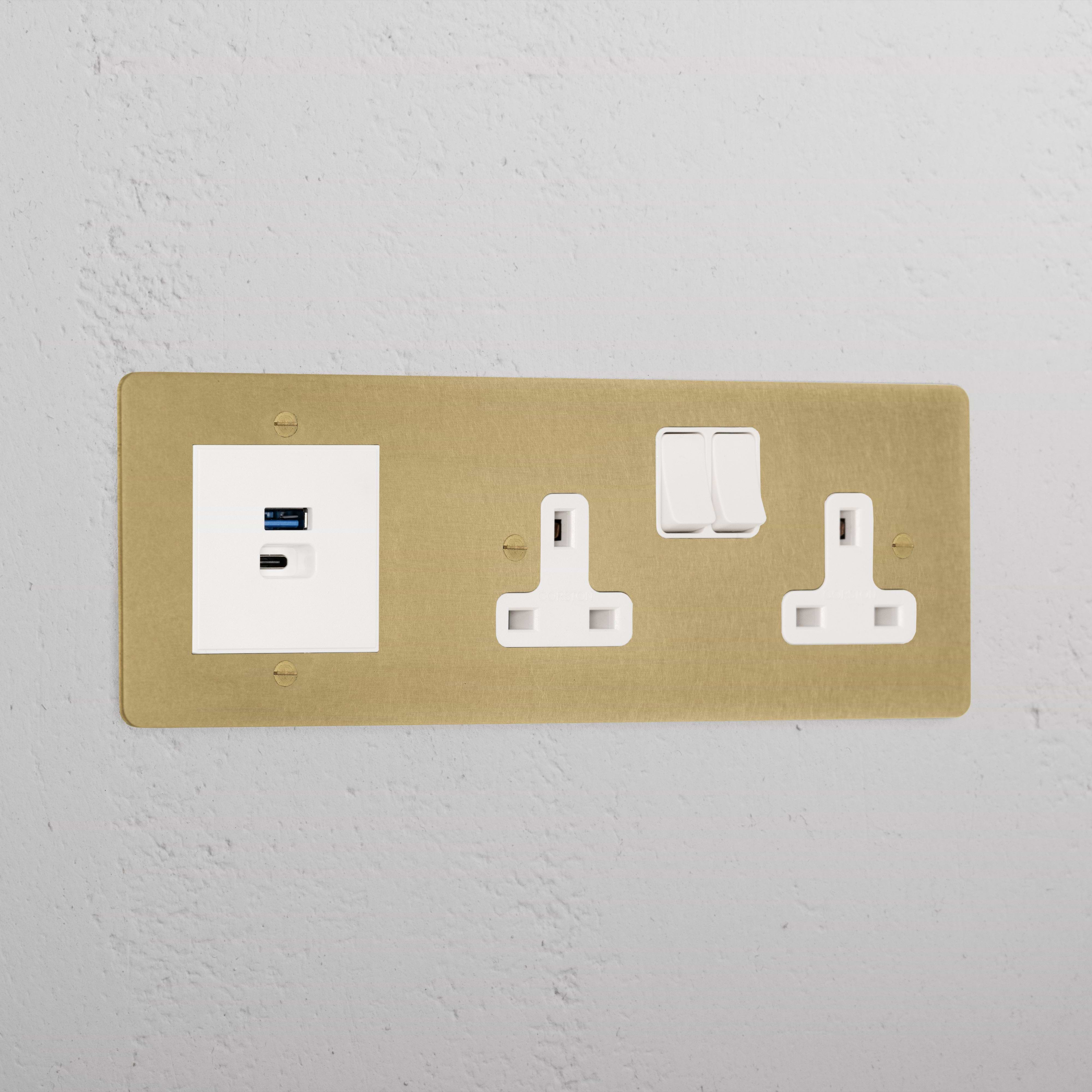 Premium Antique Brass Double Socket And Usb A+C Fast Charge Socket White