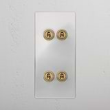 4G Vertical Two Way Toggle Switch with four Clear Antique Brass toggles, designed for switches and dimmers.