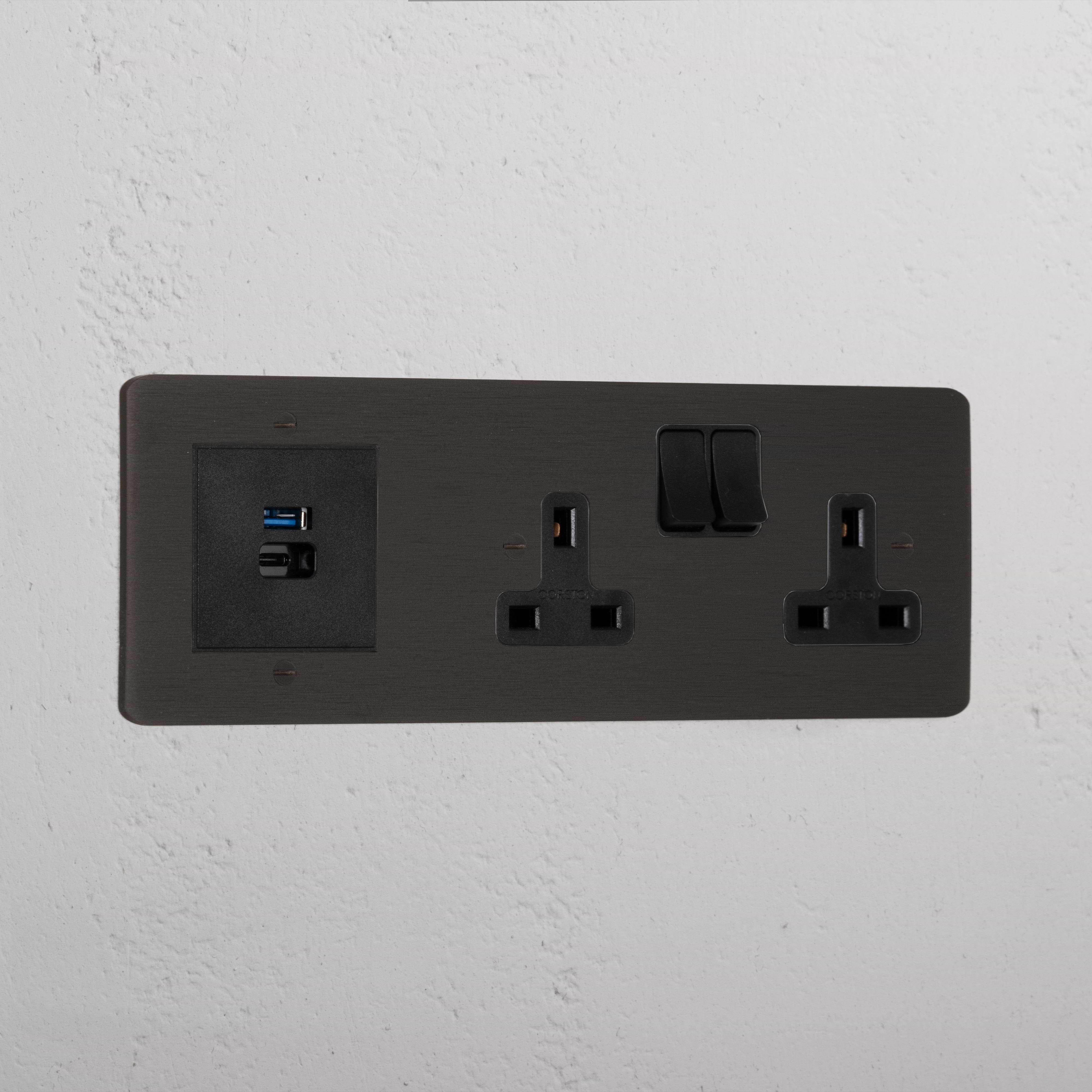 Bronze Designer Double Socket And Usb A+C Fast Charge Black