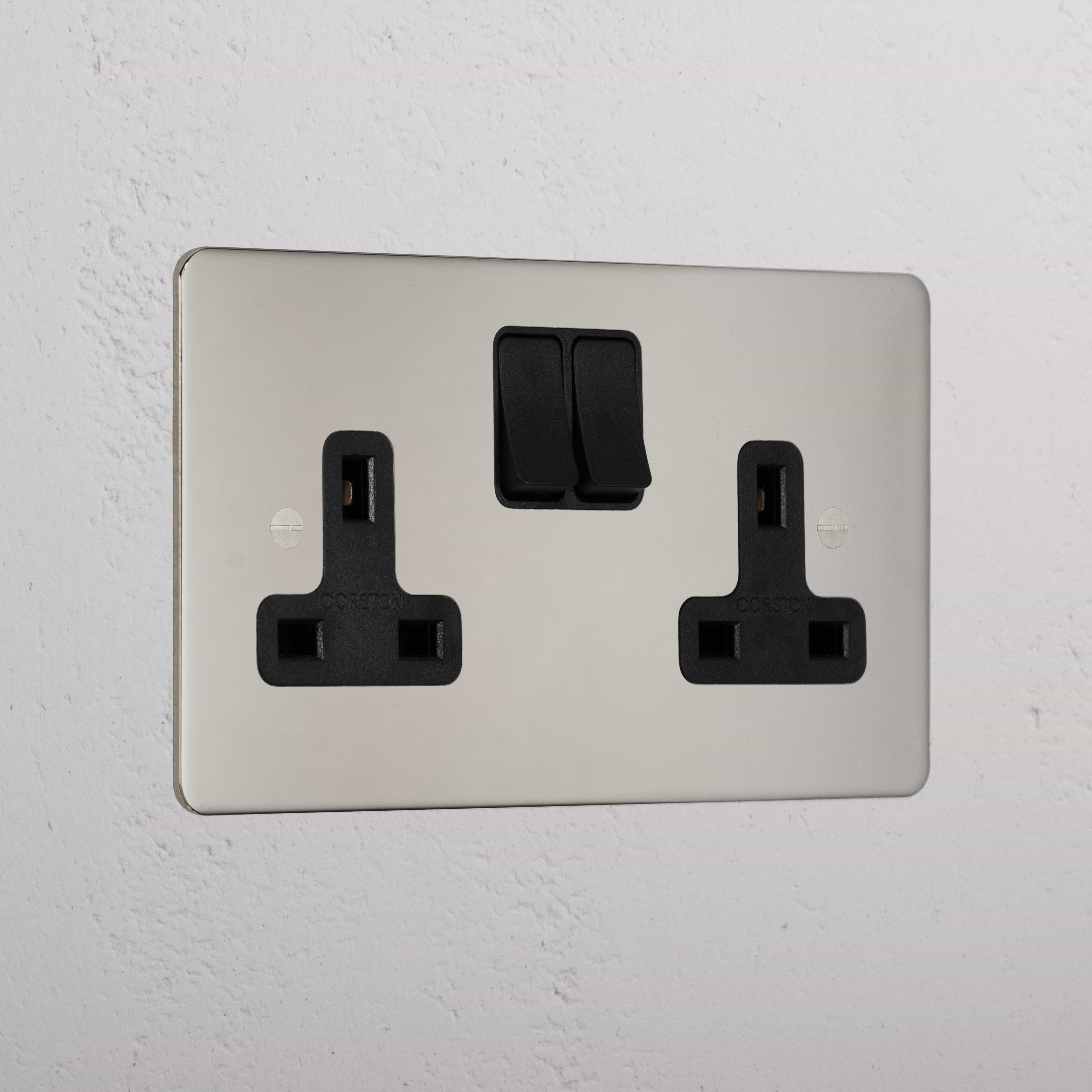 Premium Polished Nickel Double Socket Uk Black