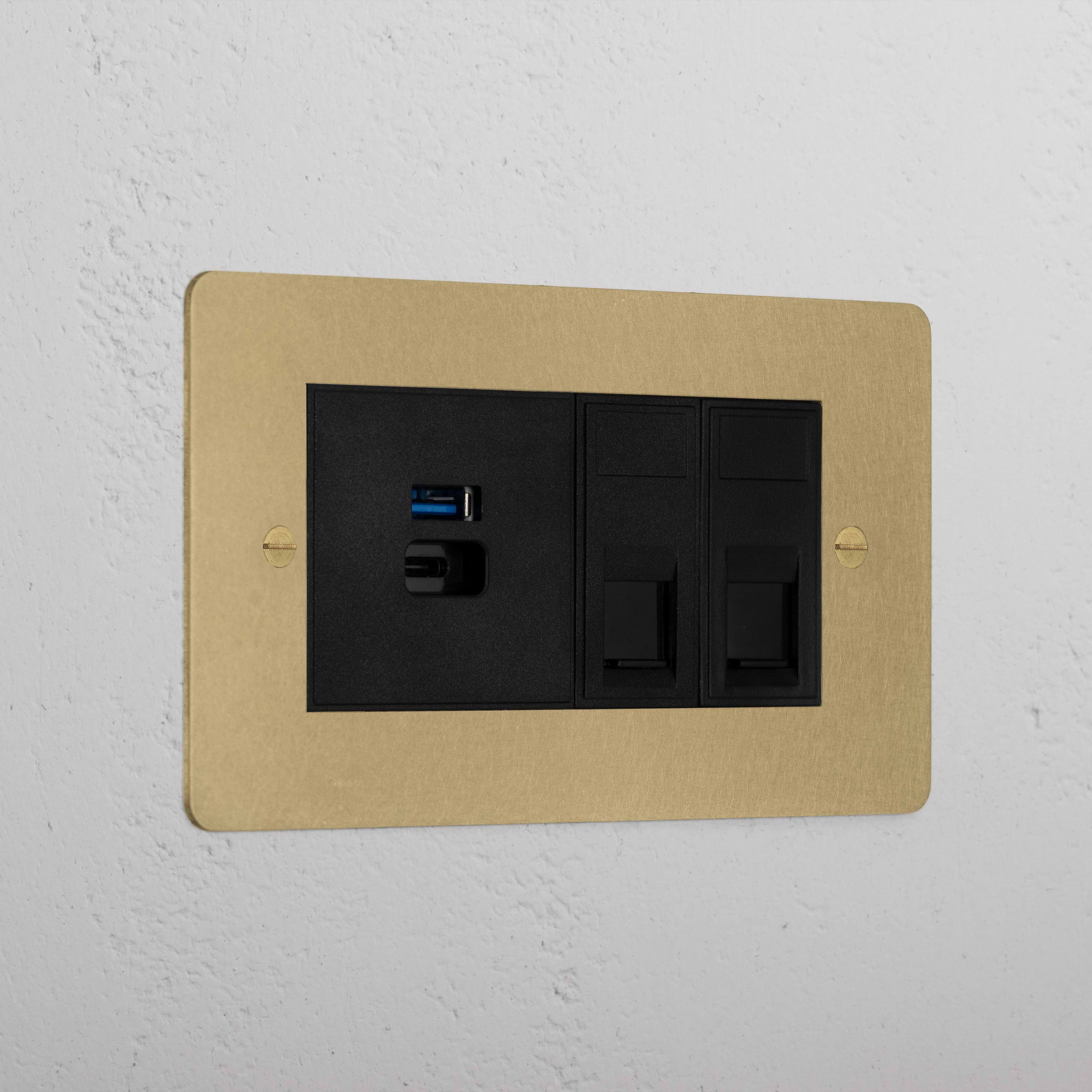 Luxury Antique Brass 2x Cat6 + Usb A+C Fast Charge Socket Black