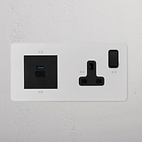 Single Socket + USB A+C Fast Charge in paintable black; 2G Sockets & Modules for versatile, modern convenience.