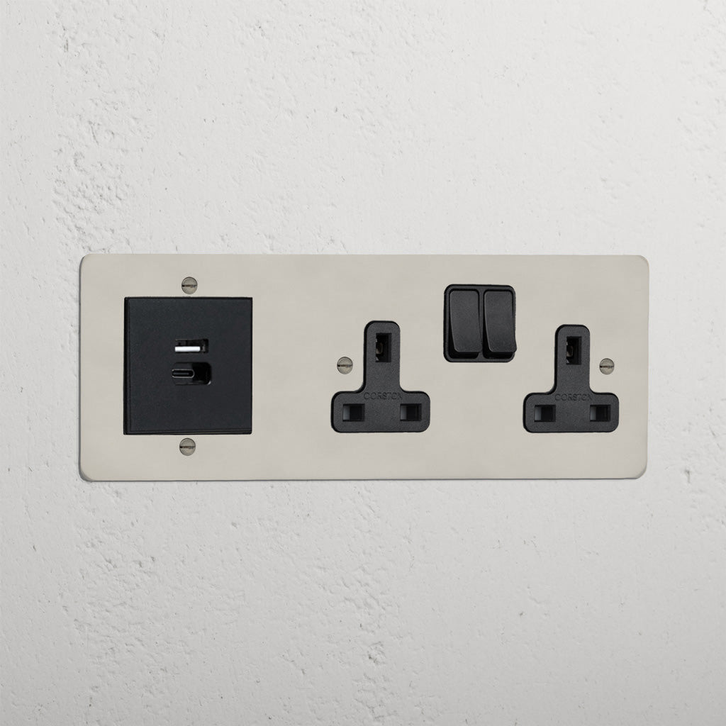 Designer Polished Nickel Double Socket And Usb A+C Port Fast Charge Socket Black