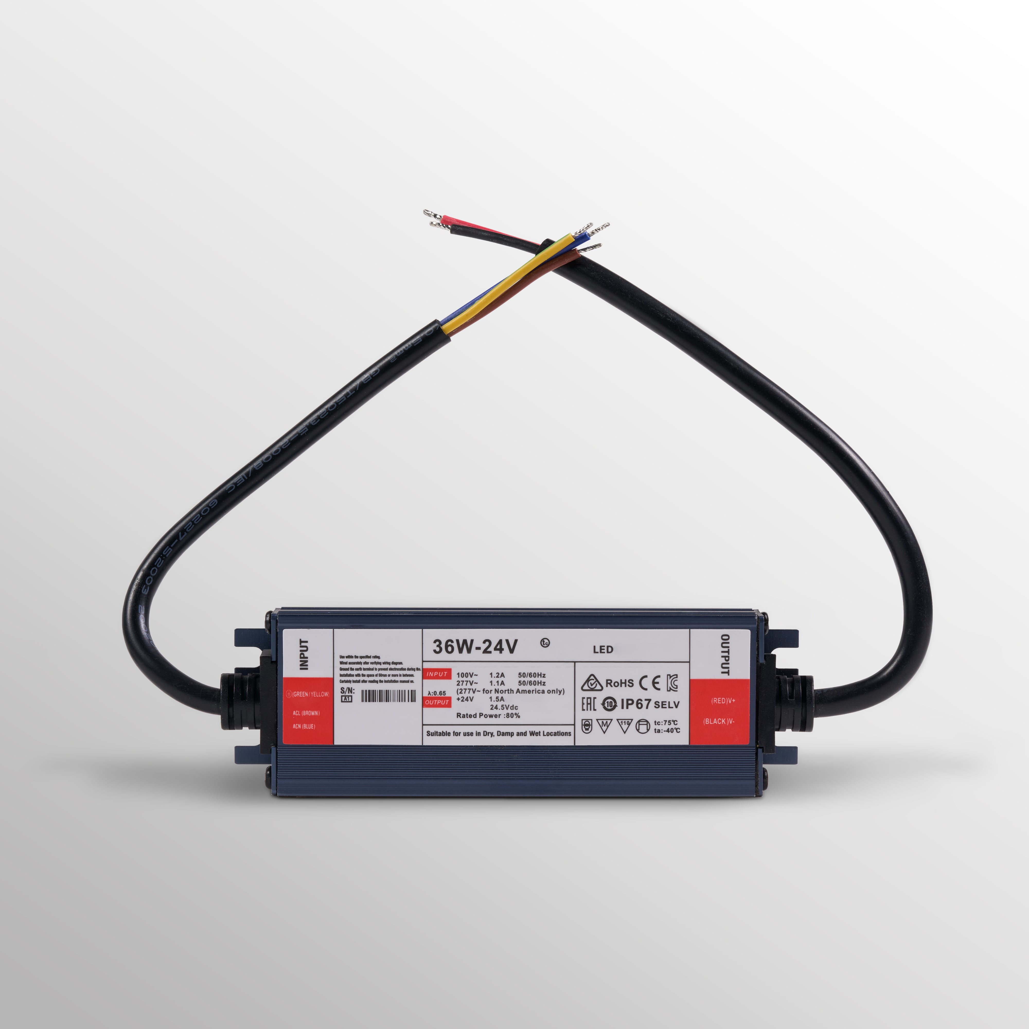 Brunswick IP67 LED Driver, 36W-24V, rectangular unit with two cables and exposed wires on a gray background.
