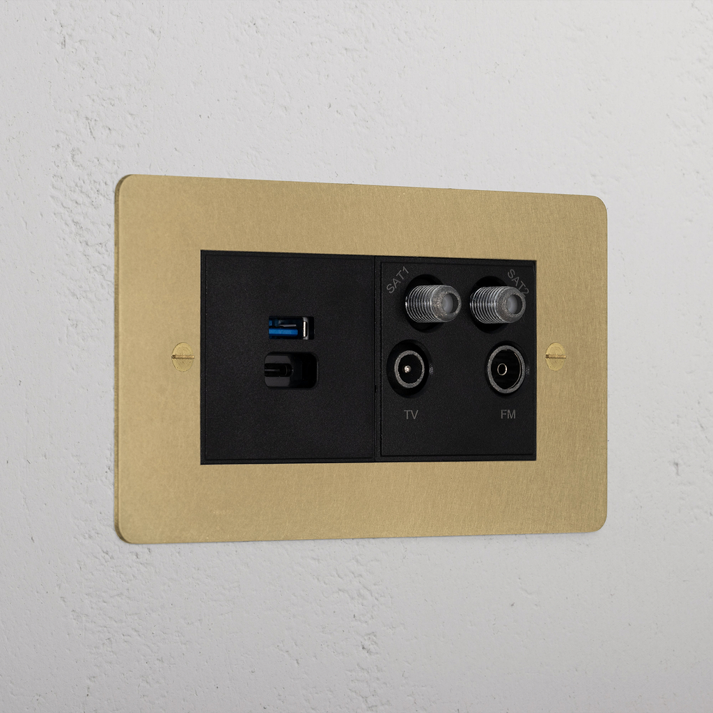 Designer Antique Brass 2x Cat6 And Usb A+C Fast Charge Socket Black