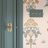 Antique brass and pastel green painted 3G two way toggle switch fixed to wall with pastel green and gold floral wallpaper next to pastel green wooden door with antique brass Harper t-bar door handle