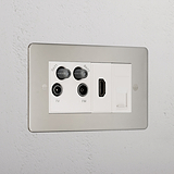 Elegant Polished Nickel Tv Aerial And Hdmi And Cat6 Socket White