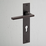 Clayton Long Plate Sprung Door Handle & Euro Lock in bronze, with a sleek design and keyhole, mounted on a light gray wall.