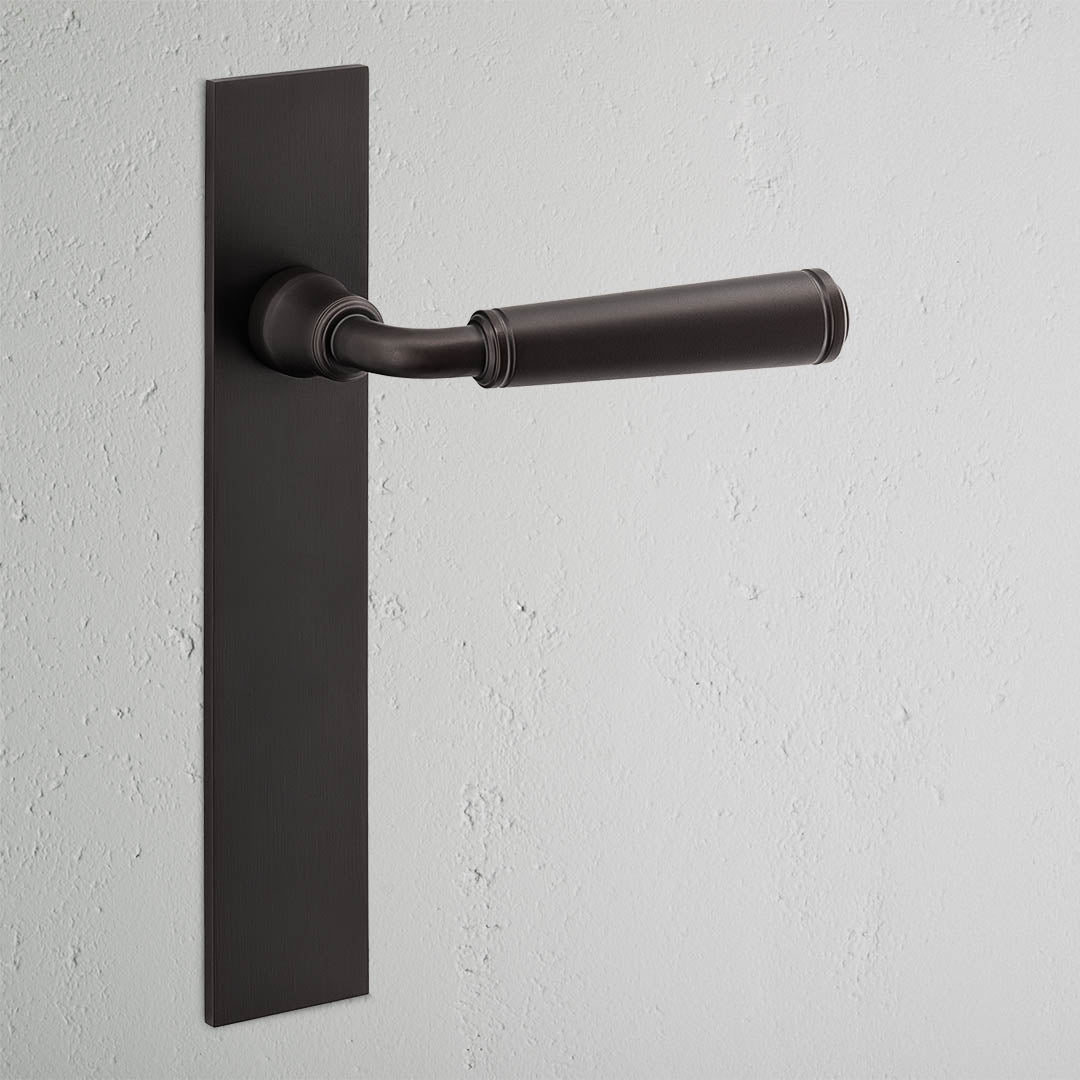 Digby Long Plate Fixed Door Handle in bronze finish on a rectangular backplate, shown against a light gray wall.