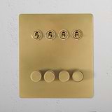 Antique brass 8G Mixed Switch 4T4D with round switches on a white textured wall, for switches & dimmers use.