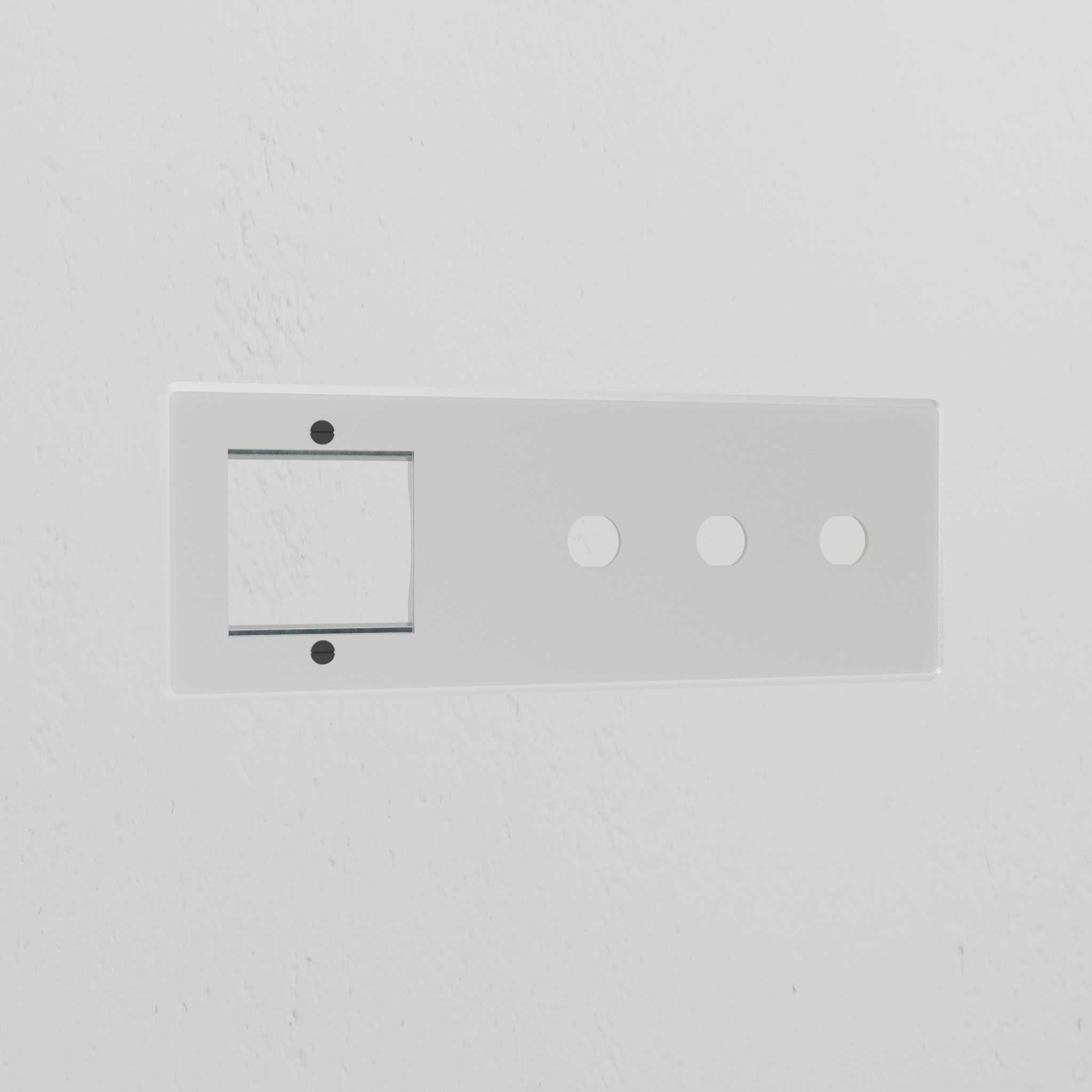 1G 50mm Module & 3G Switch Plate - Clear Black on wall, with square and circular cutouts, clear black finish.