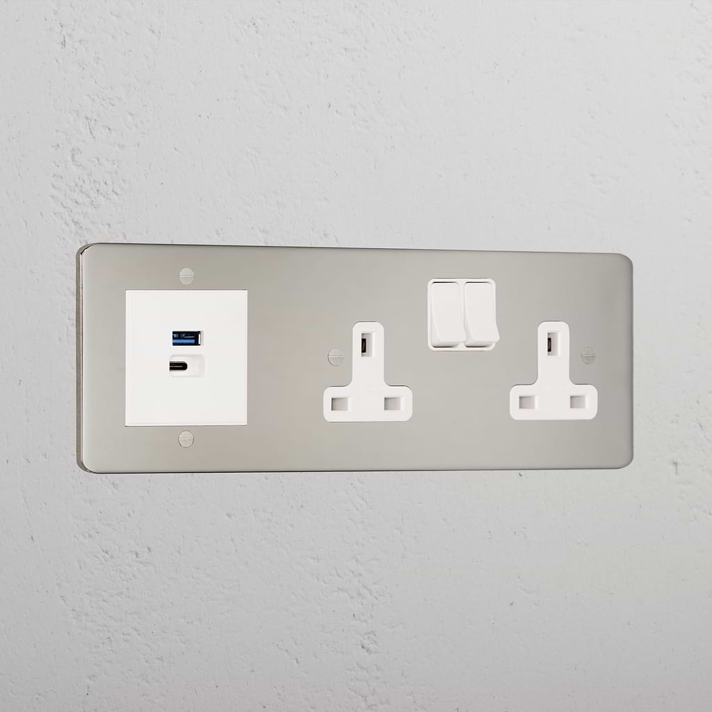 Elegant Polished Nickel Double Socket And Usb A+C Fast Charge White