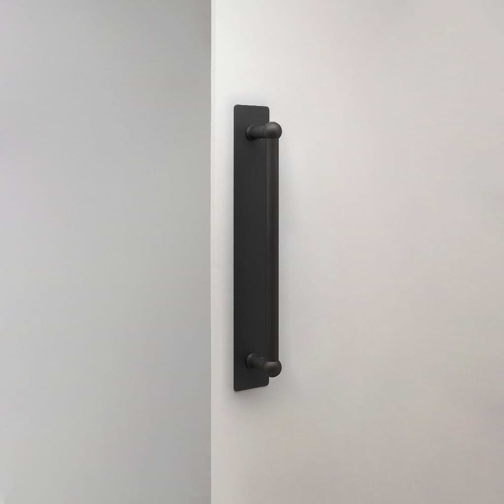 Harper Single Door Pull Handle with Plate 320mm in Bronze, medium-sized handle for doors (handle only).