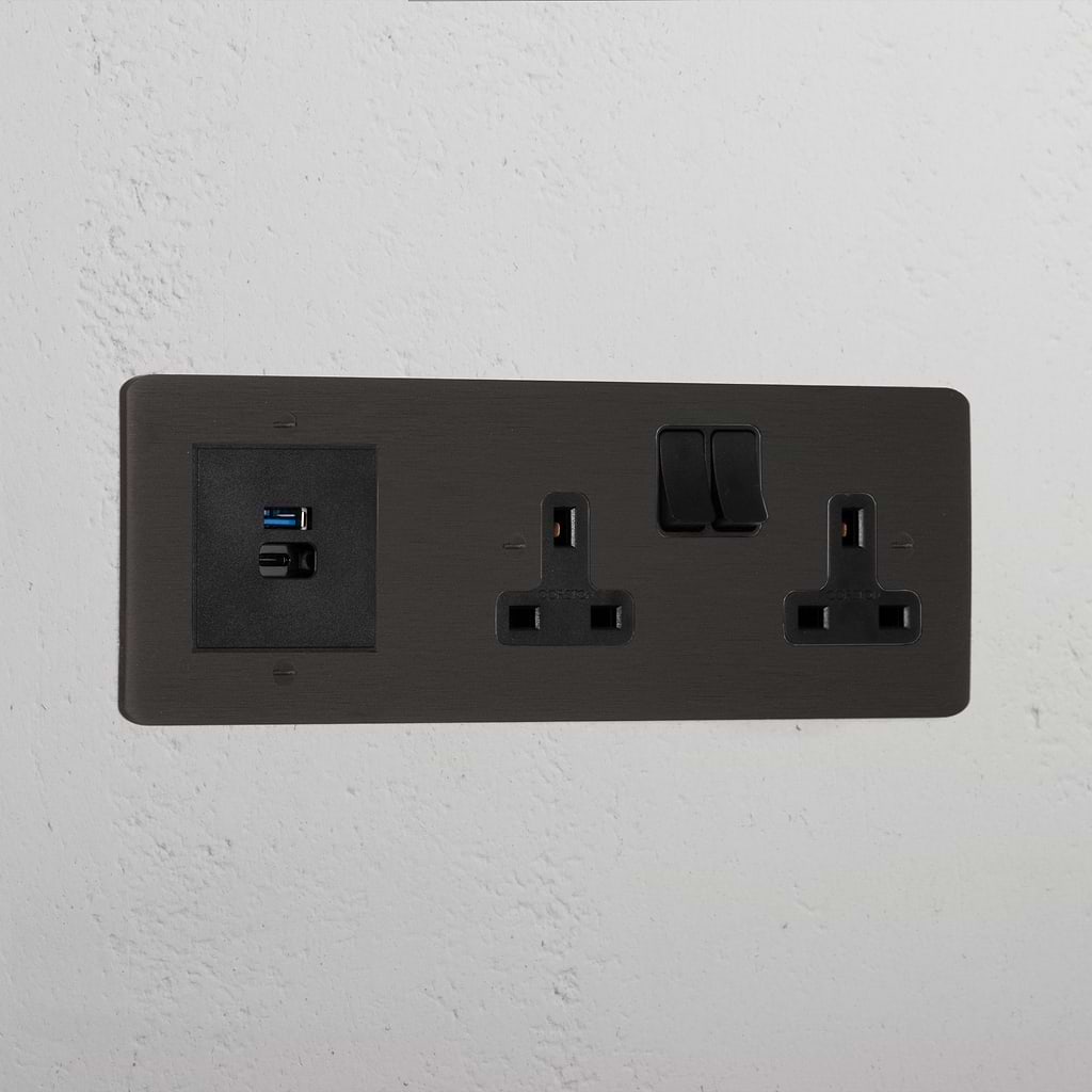 Bronze Designer Double Socket And Usb A+C Fast Charge Black