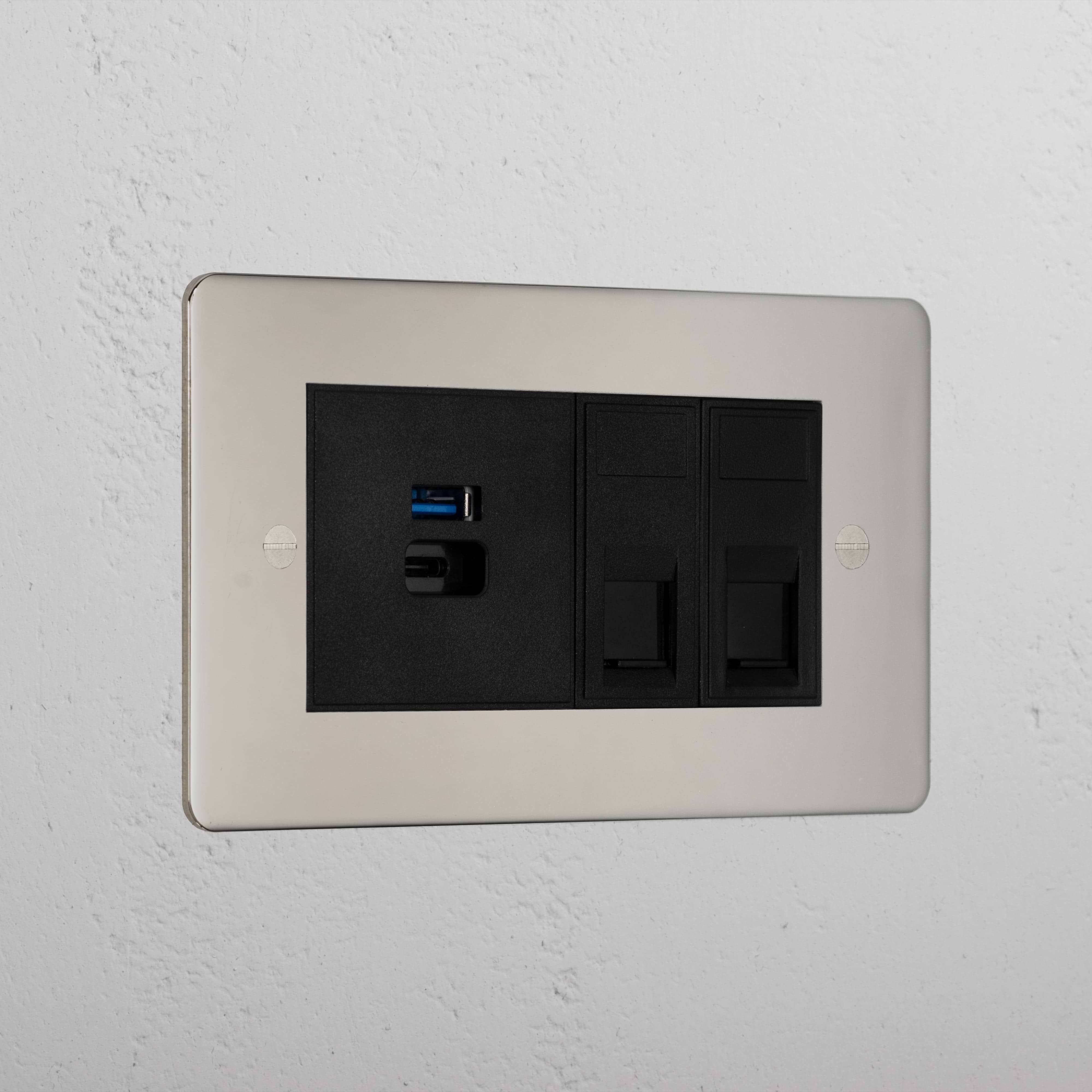 Luxury Polished Nickel 2x Cat6 And Usb A+C Fast Charge Socket Black