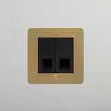 Antique brass black 2x CAT6 socket on a beige square panel, mounted on a textured white wall.