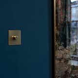 Antique brass 1G two way dimmer switch on a dark teal wall.
