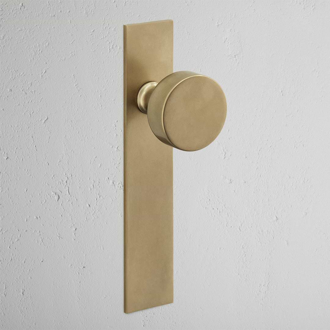Onslow Long Plate Fixed Door Knob in Antique Brass with a sleek rectangular backplate on a white wall.