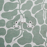Clear white double socket UK with two outlets on a green and white abstract wall, ideal for 2G sockets & modules.