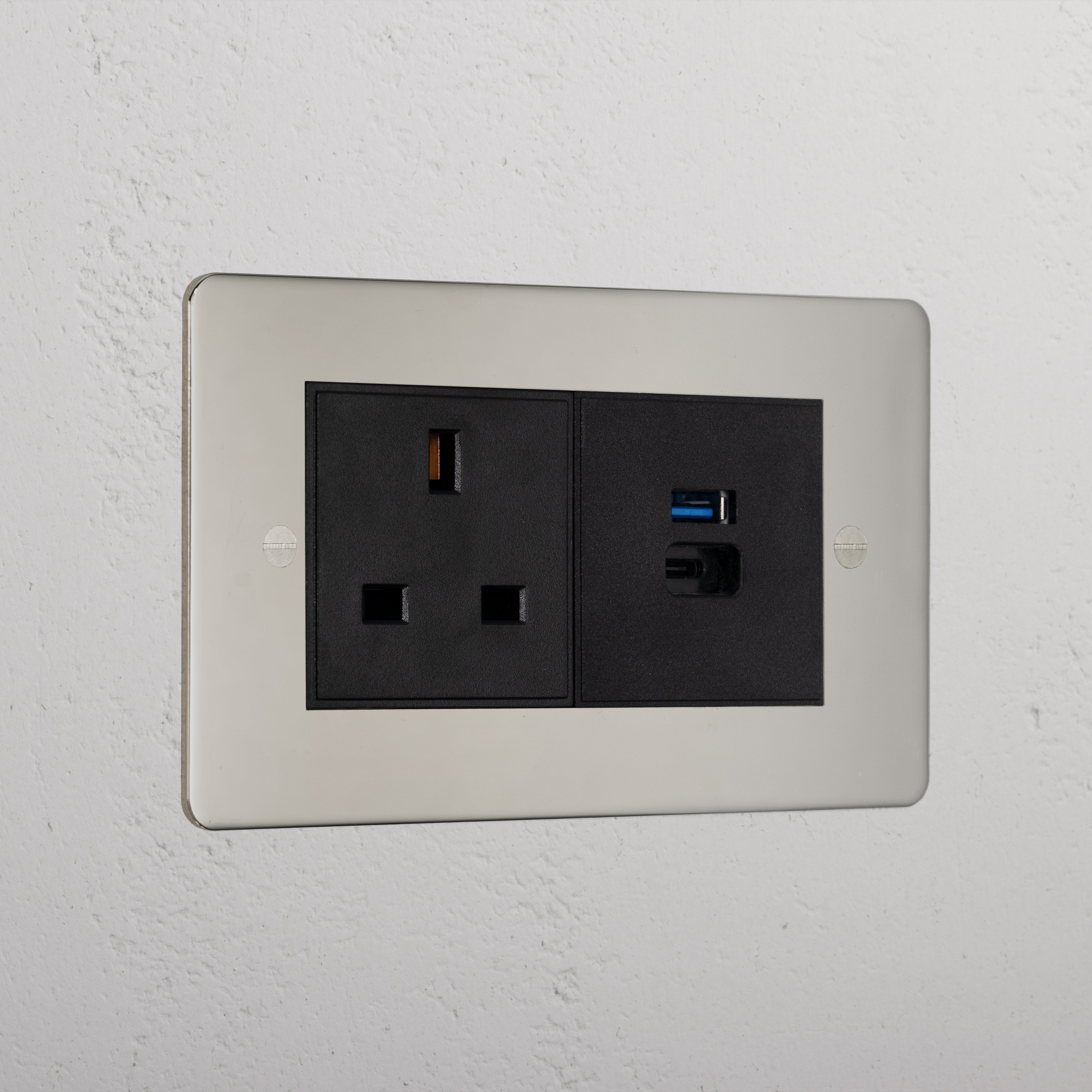 Premium Polished Nickel 13A Socket With Usb A+C Fast Charge Socket Black