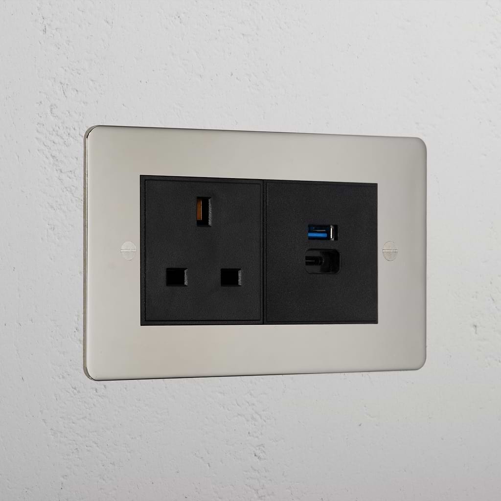 Premium Polished Nickel 13A Socket With Usb A+C Fast Charge Socket Black