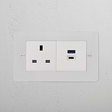 Paintable white 13A socket with USB-A and USB-C fast charging ports, ideal for 2G sockets & modules.